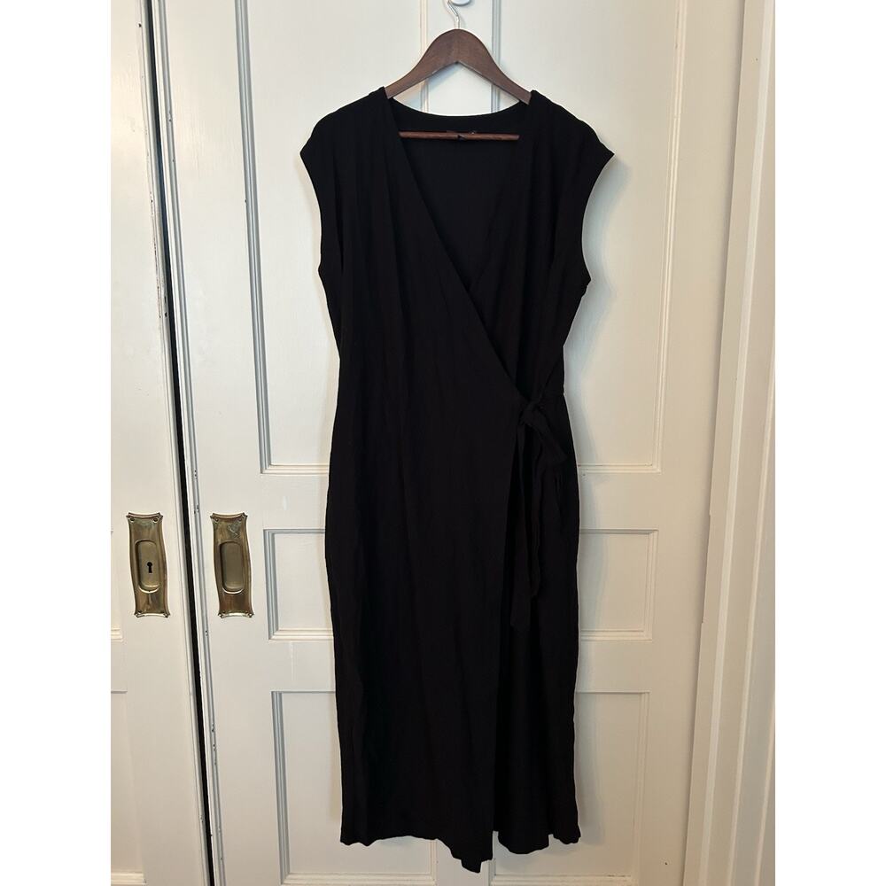 Eileen Fisher Crepe Wrap Front Cropped Jumpsuit Womens Size Large Black Classic